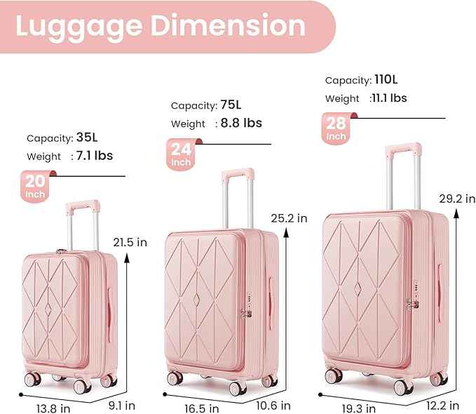 3 Piece Luggage Set 100% PC Hardshell, Front Opening Expandable Suitcase (20/24/28) with Laptop Compartment & Free Custom PVC Covers, Trunk Style Lightweight Spinner Wheels TSA Lock (Pink)