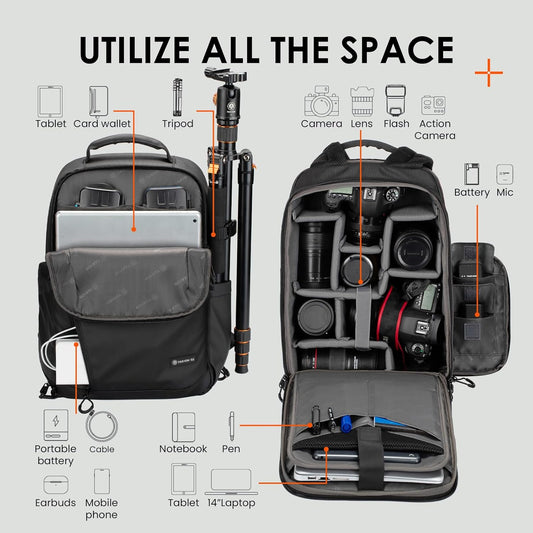 TARION Camera Backpack Waterproof Bag - 12.5L Slim DSLR Backpack with 14'' Laptop Compartment Rain Cover Slim Photography Bag for Men Women Photographers for DSLR SLR Lens Black TRL