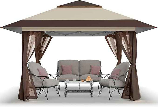 CROWN SHADES 11x11 Pop Up Gazebo, Patented One Push Outoor Canopy Tent with Wheeled STO-N-Go Cover Bag, Pop Up Canopy with Netting for Patio, Backyard (11x11, Beige & Coffee)