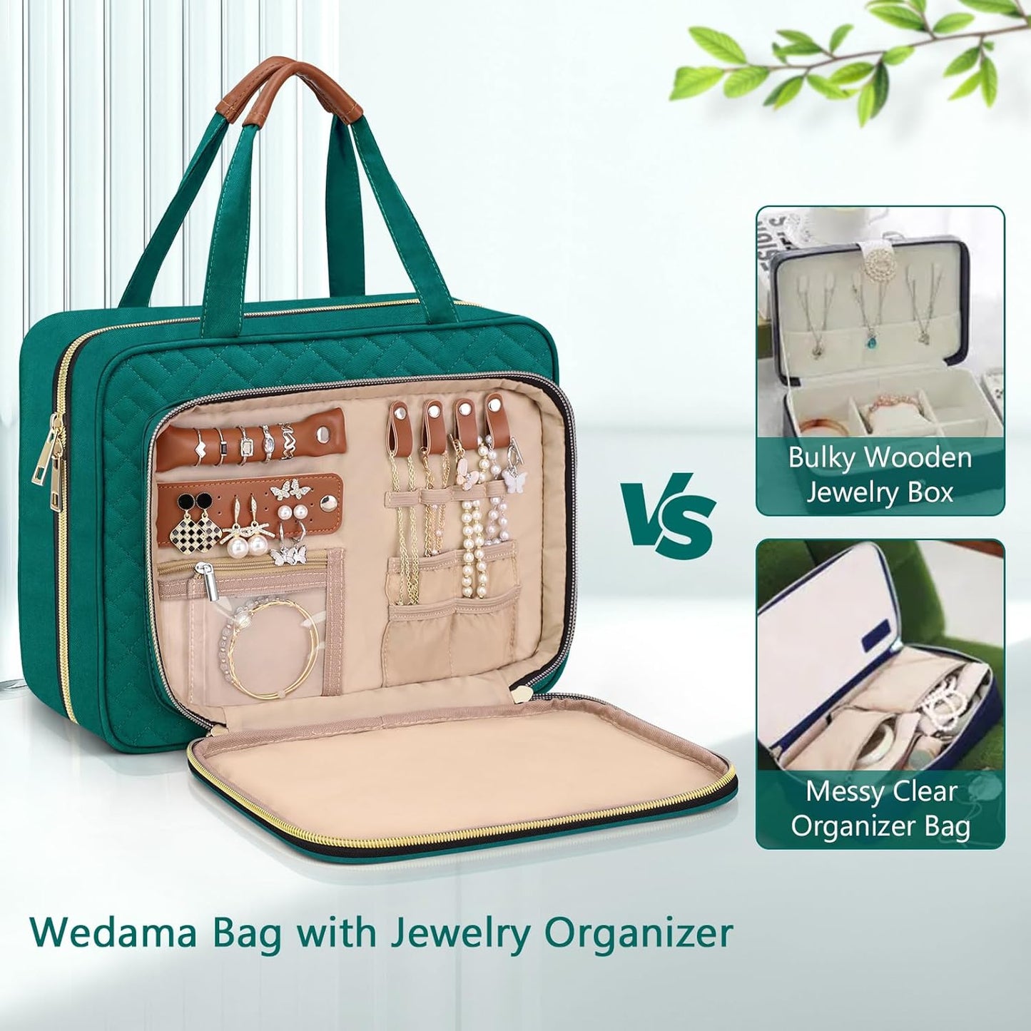 Wedama Toiletry Bag for Women, Hanging Travel Toiletry Bag with Jewelry Organizer Compartment Large Makeup Bag, PVC Waterproof Cosmetic Travel Bag Trips Camping Bathroom, Green+Brown - Roamly