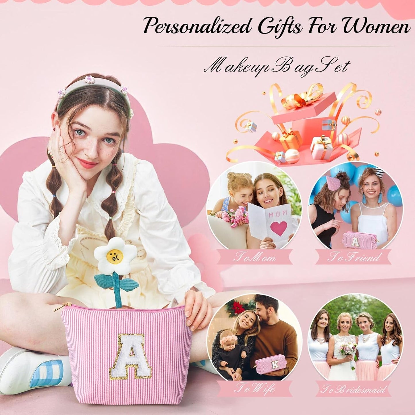 YOOLIFE Mom Birthday Gifts for Women, Personalized Monogram Makeup Bag Cosmetic Bag Travel Toiletry Bag Birthday Gifts for Women Her Bridesmaid Friend Sister Wife Girlfriend Daughter Gifts Pink I - Roamly