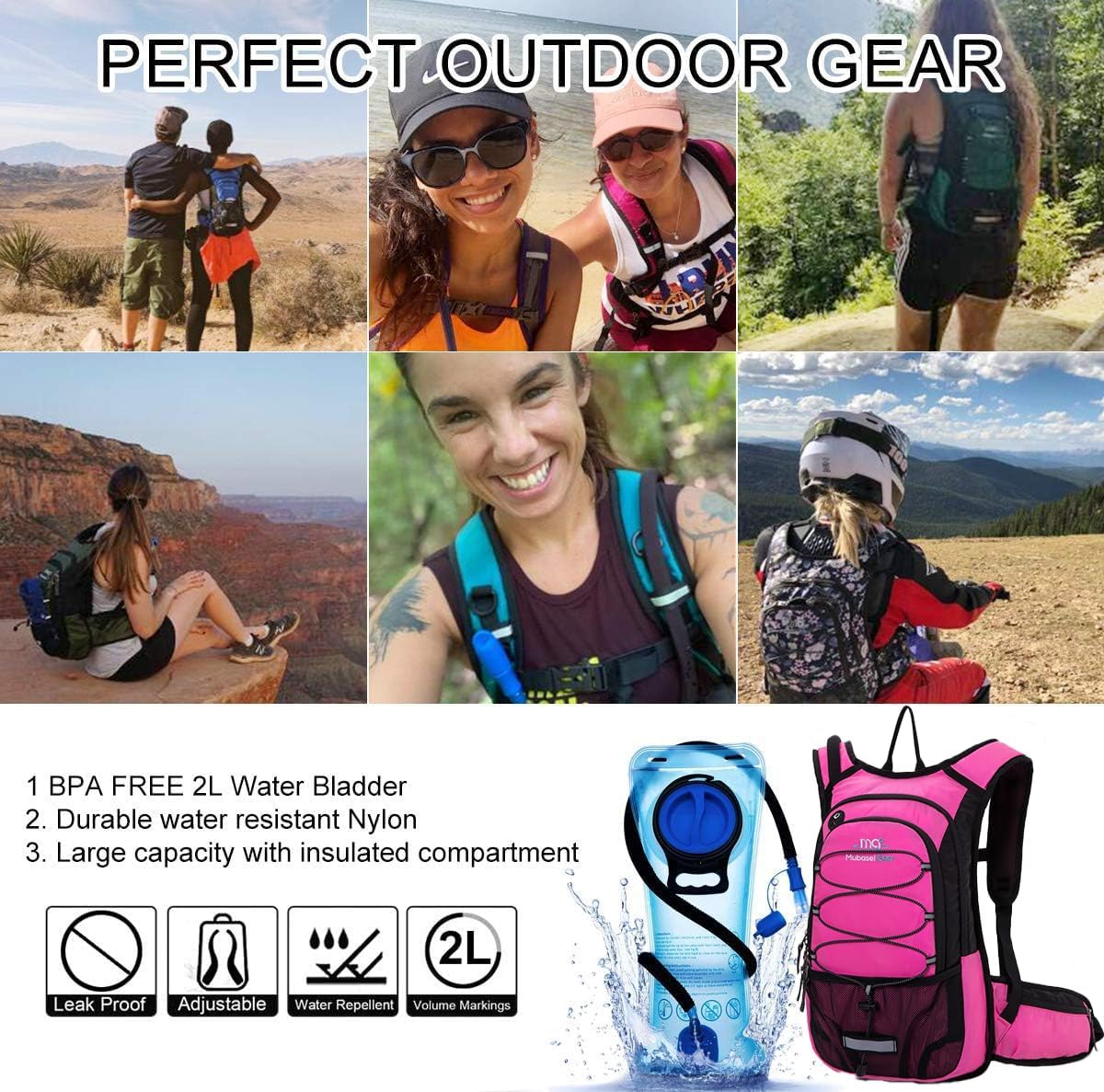 15L Insulated Hydration Backpack Pack with 2L Water Bladder Lightweight Hiking Backpack Bag for Women Men Daypack for Hiking Running Festival Camping Biking - Roamly