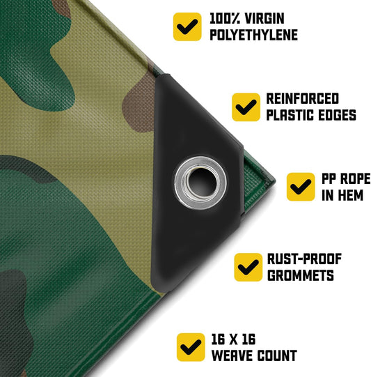 Core Tarps Extreme Heavy Duty 20 Mil Tarp Cover, Waterproof, UV Resistant, Rip and Tear Proof, Poly Tarpaulin with Reinforced Edges for Roof, Camping, Patio, Pool, Boat (Camouflage/Green 24′ X 30′)