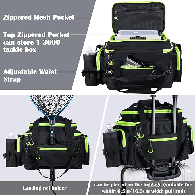 Goture Fishing Tackle Bag with 4pcs 3600 Tackle Boxes, 600D Water-Resistant Soft Side Saltwater Gear Storage Fishing Bag with Rod Straps, Detachable Water Bottle Pouch, Waterproof Bottom, SBS Zippers