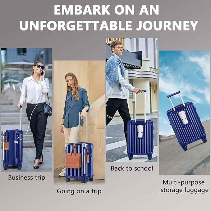 Joyway 20in Carry On Luggage with Cup Holder and USB Port, 25% Expandable Capacity, Smart Suitcase with Anti Slip Wheels and Handbag, Perfect for Men and Women 3 Piece Set Blue