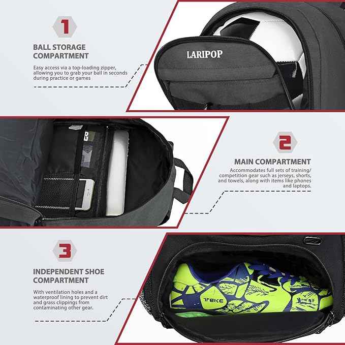 LARIPOP Soccer Backpack Soccer Bag with Ball Holder & Shoe Compartment Youth Sports Equipment Training Bag