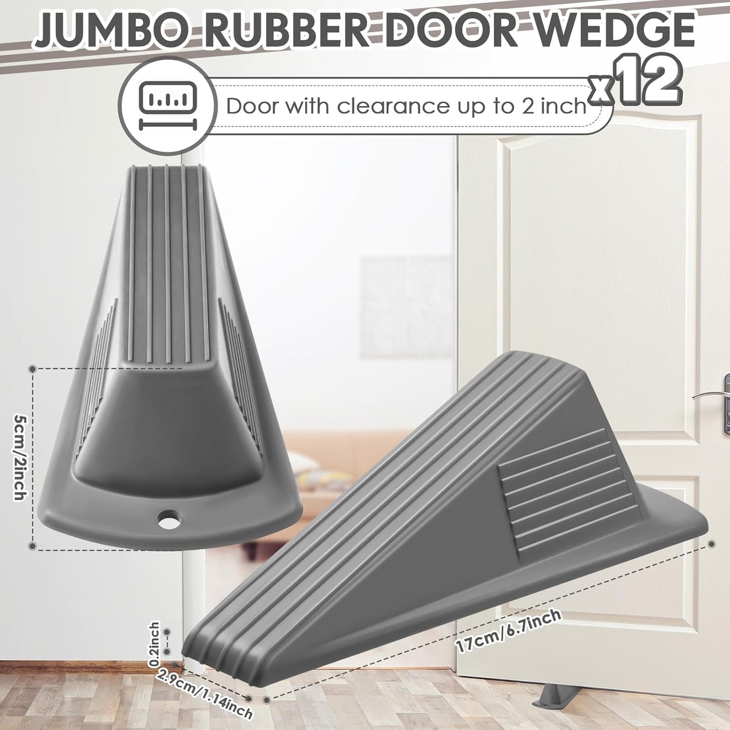 Frienda 12 Pcs Jumbo Door Stoppers Heavy Duty Door Stopper Tall up to 2inch Tall Wedge TPR Large Wedge Stackable Big Rubber Doorstop for Hotel Carpet Hardwood Concrete and Tile (Gray)
