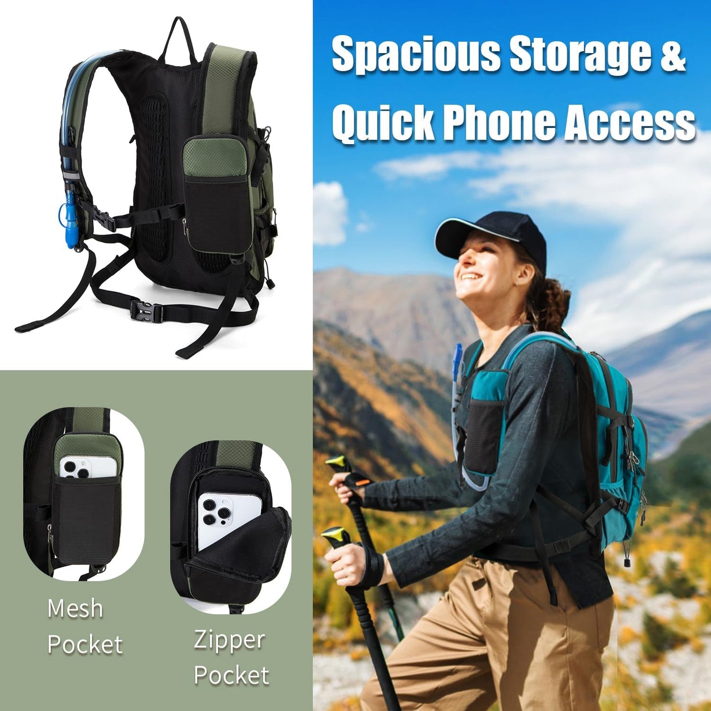 Hydration Backpack Pack with 2L Water Bladder 18L Hiking Backpack Women Men Lightweight Hydropack Insulated Daypack for Biking, Running, Festival - Roamly