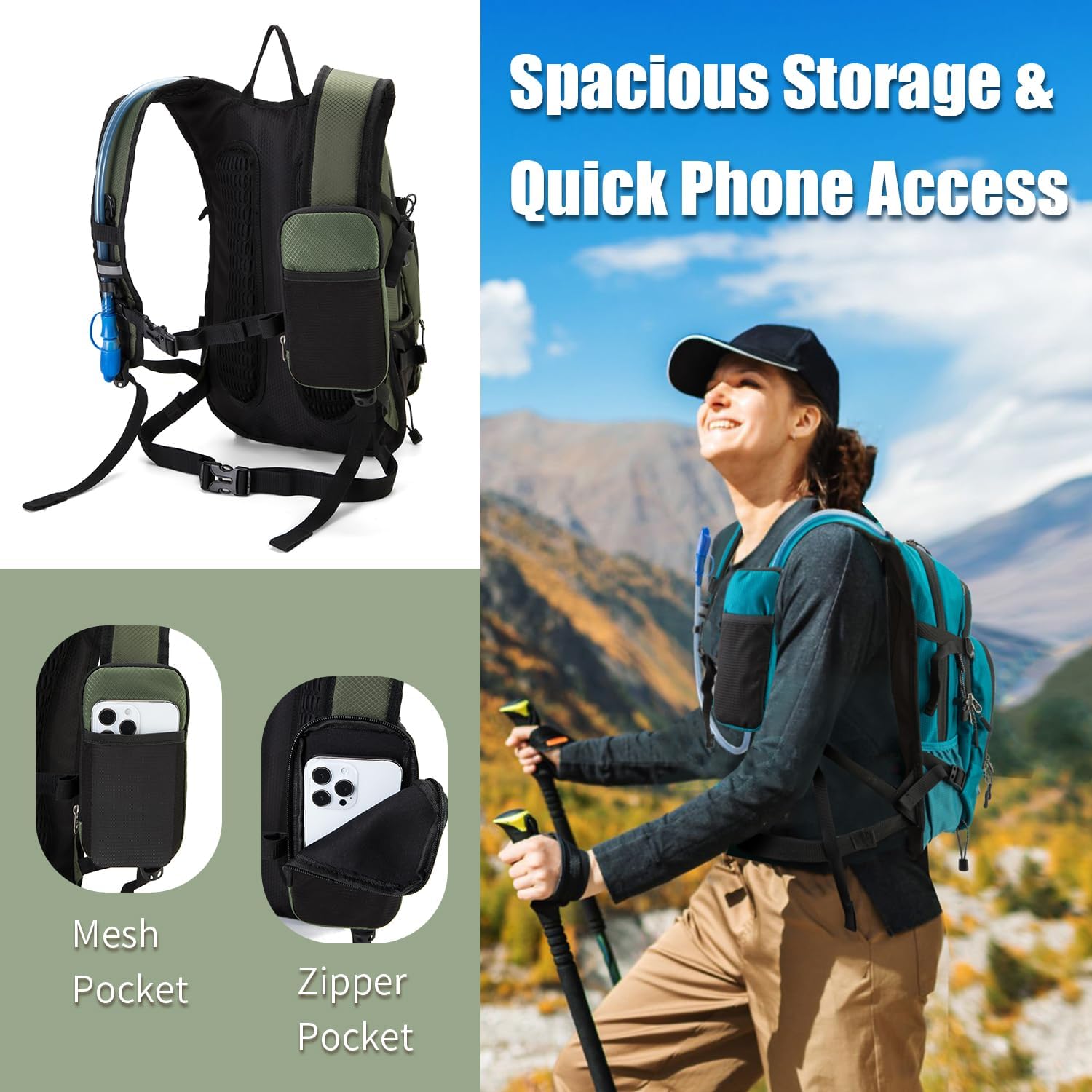 Hydration Backpack Pack with 2L Water Bladder 18L Hiking Backpack Women Men Lightweight Hydropack Insulated Daypack for Biking, Running, Festival - Roamly