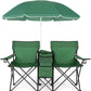 Goplus Double Camping Chair with Umbrella, Folding Loveseat Chairs w/Canopy Shade, Carrying Bag, Table, Cup Holder, Portable Beach Chairs Outdoor Picnic Patio (Green)