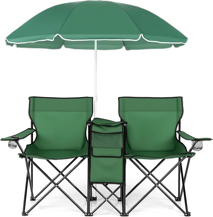 Goplus Double Camping Chair with Umbrella, Folding Loveseat Chairs w/Canopy Shade, Carrying Bag, Table, Cup Holder, Portable Beach Chairs Outdoor Picnic Patio (Green)
