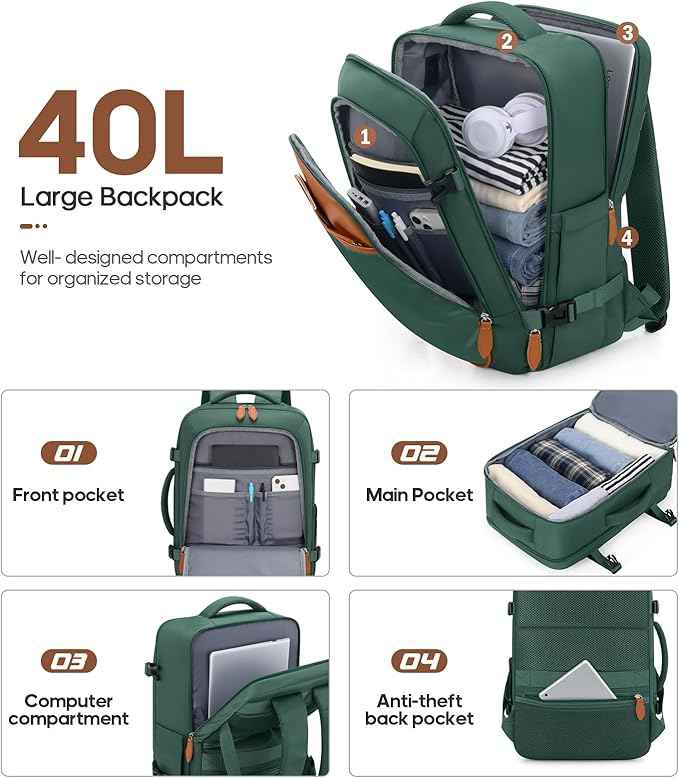 UKEIN Luggage Sets 3 Piece, PC Hardside Large Luggage 24 Inch With Spinner Wheels with TSA Lock, Carry On Suitcase Set With Travel Backpack for Men (Green, 3 piece set (24inch))
