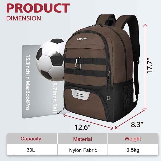 LARIPOP Soccer Backpack Soccer Bag with Ball Holder & Shoe Compartment Youth Sports Equipment Training Bag