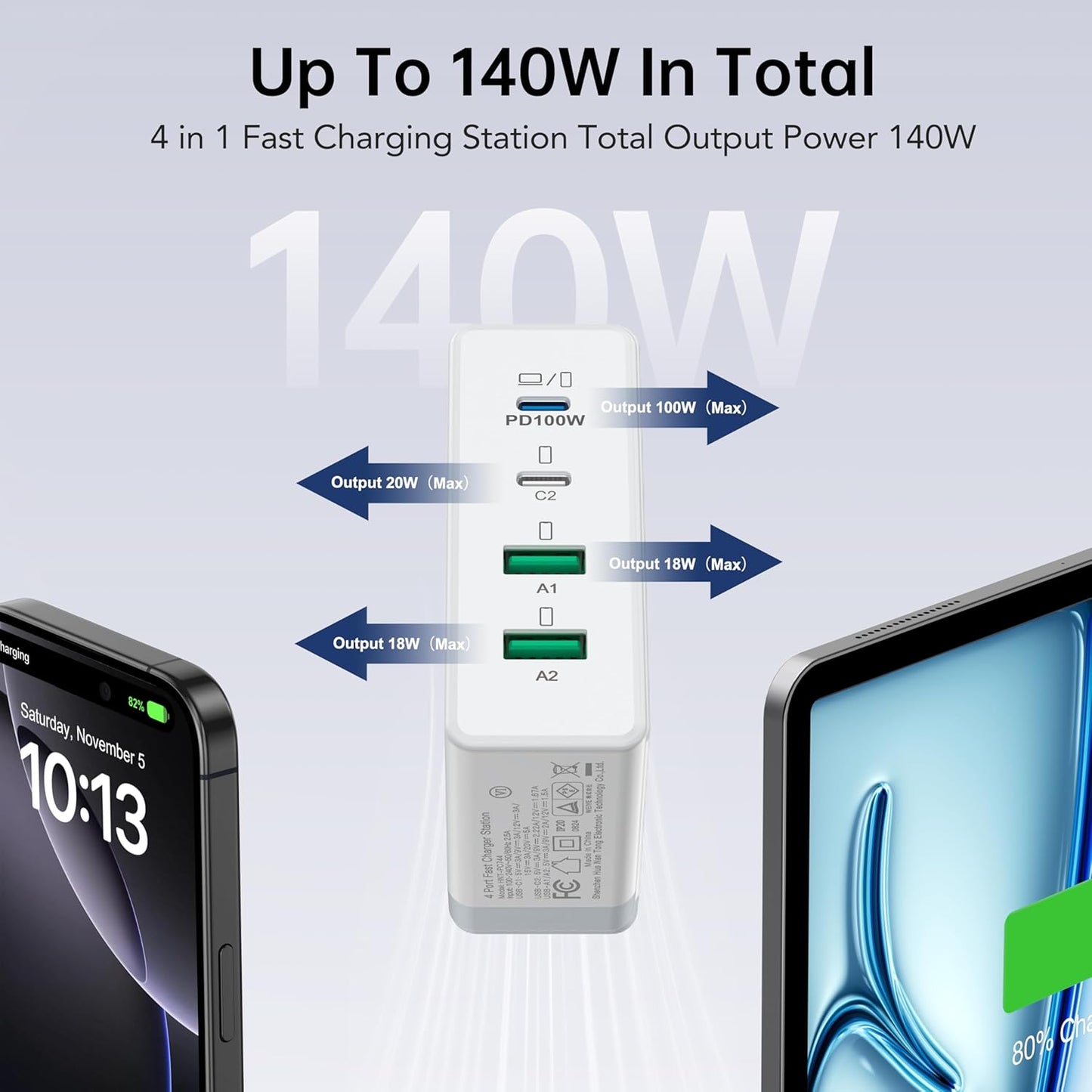 140W Mac Book Pro Charger,4 Port Flat Charging Station for Apple Type c Fast Wall Charger,USB C Port MacBook Pro &MacBook Air Adapter Plug Block for iPhone 16/15/14/13Pro Max, iPad, AirPods 4,Samsung - Roamly