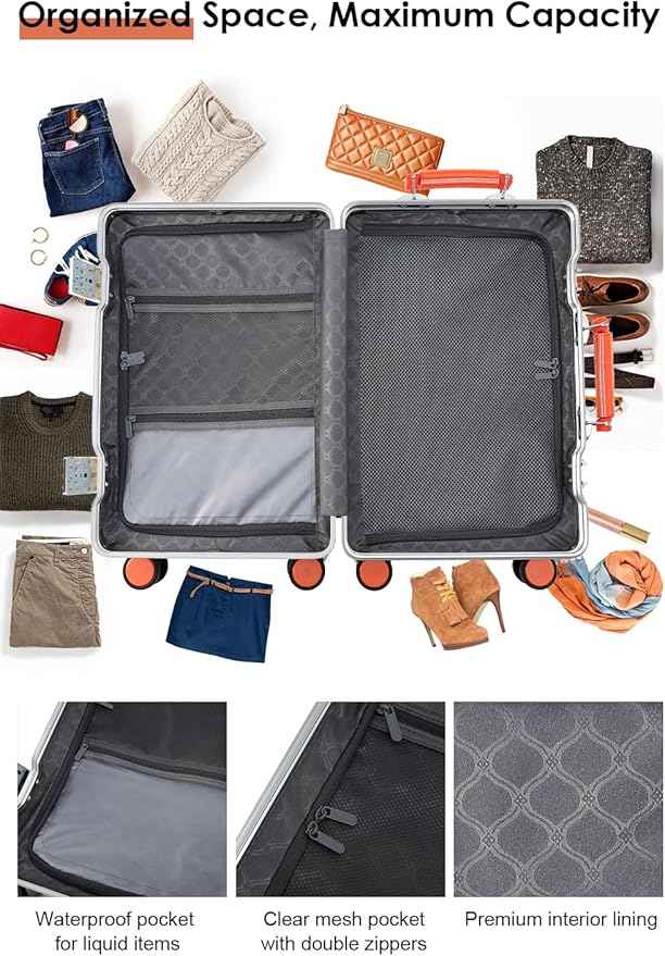 HotWay Carry On Luggage with Leather Handle, PC Zipperless Suitcase with Spinner Wheels and TSA Locks, 22x14x9 Airline Approved Luggage for Travel, Silver, 20 Inch