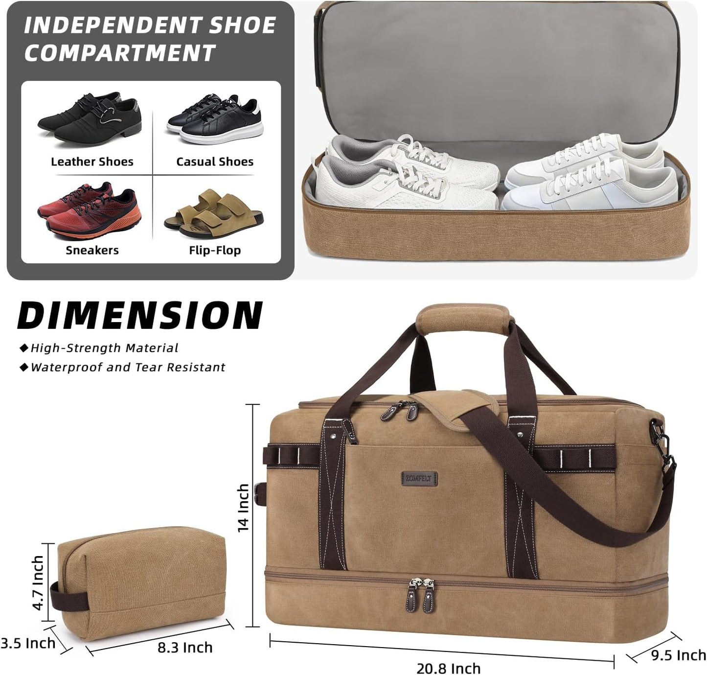 ZOMFELT Travel Duffle Bag for Men, Waterproof Canvas Overnight Duffel Bag with Removable Dividers & Shoe Compartment, Carry On Weekender Gym bag, Multi-Pocket & Vintage Design (Washed Brown) - Roamly