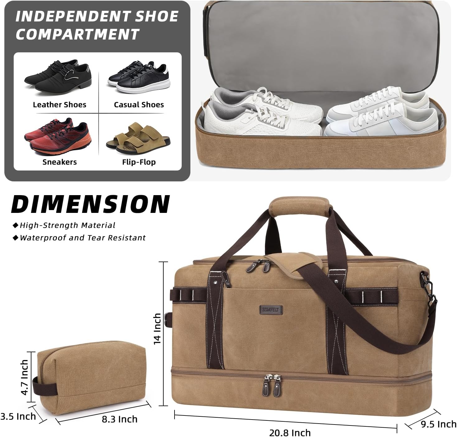 ZOMFELT Travel Duffle Bag for Men, Waterproof Canvas Overnight Duffel Bag with Removable Dividers & Shoe Compartment, Carry On Weekender Gym bag, Multi-Pocket & Vintage Design (Washed Brown) - Roamly