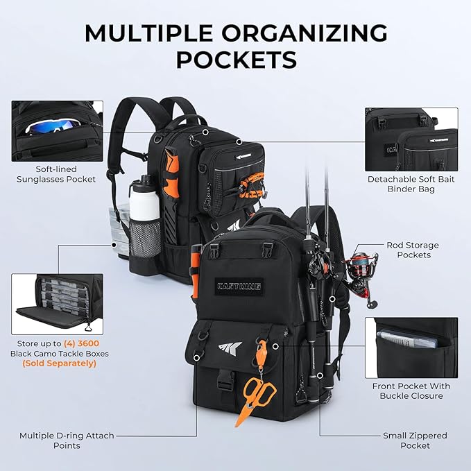 KastKing BaitSpace 50L Fishing Tackle Backpack with Removable Bait Binder,2 Rod Holders Storage Fishing Gear and Equipment
