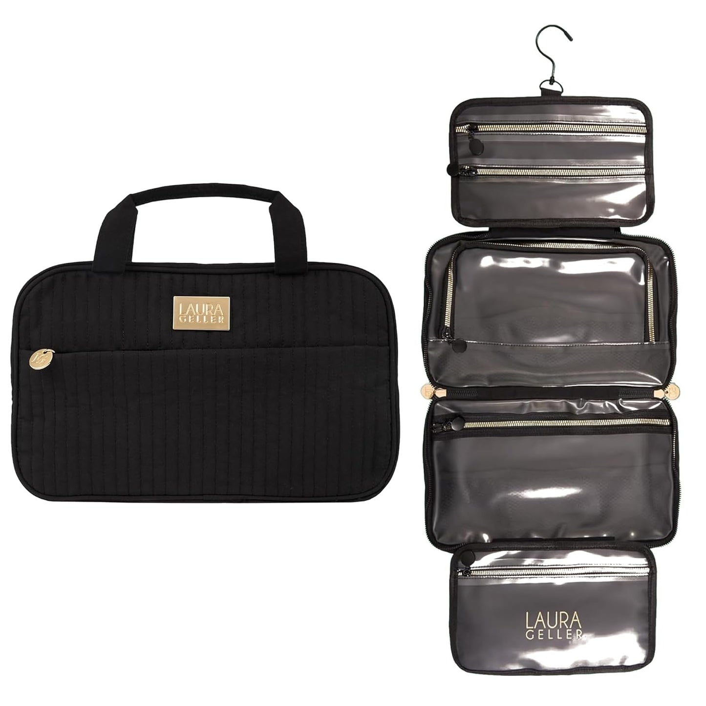 LAURA GELLER NEW YORK Quilted Folding Travel Makeup Bag, Black - Hanging Toiletry Bag Organizer for Travel - Large Capacity Full Size Makeup Bag - Easy to Clean - Roamly
