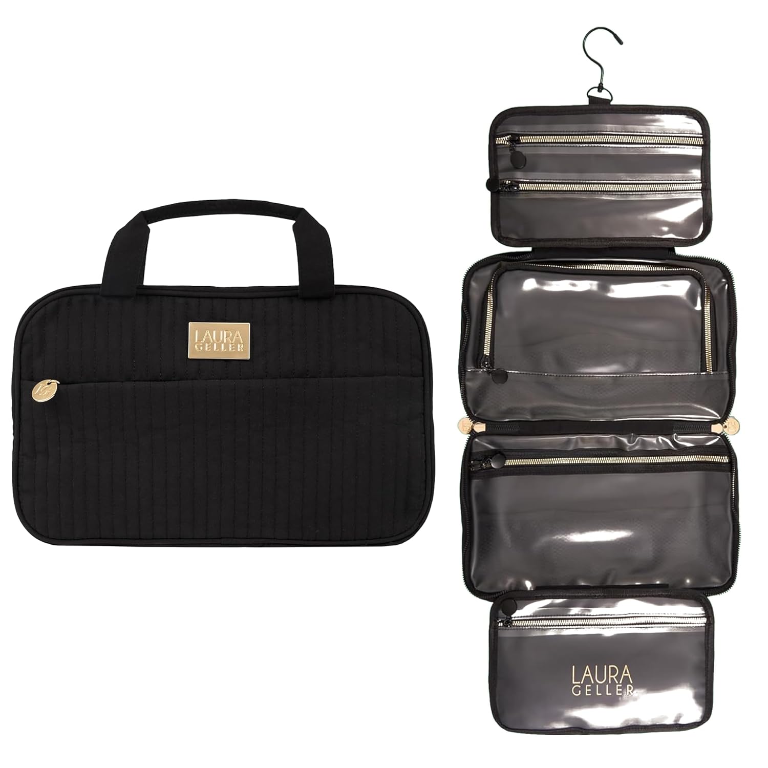 LAURA GELLER NEW YORK Quilted Folding Travel Makeup Bag, Black - Hanging Toiletry Bag Organizer for Travel - Large Capacity Full Size Makeup Bag - Easy to Clean - Roamly