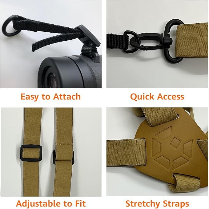 GAIARENA Binocular Harness - Adjustable Cross Bino Strap for Hunting Hiking Birding with Lens Cleaning Cloth - Tan