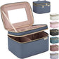 Large Makeup Bag with Mirror Double Layer Travel Make Up Organizer Case, Large Capacity Coemetic with Brush Slot Divider, Travel Toiletry Bag for Women (Aegean Blue)