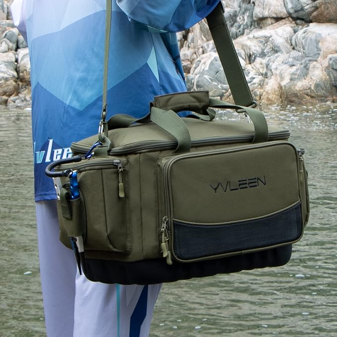 YVLEEN Fishing Tackle Box Bag - Outdoor Large Fishing Tackle Storage Bag - 100% Water-Resistant Polyester Material - Fishing Tackle Bags - Suitable for 3600 3700 Tackle Box (Army Green)