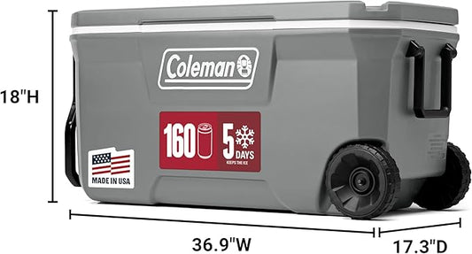 Coleman Classic Series Insulated Portable Rolling Cooler with Wheels, Leak-Resistant Outdoor Hard Cooler Keeps Ice up to 5 Days, 100-Quart