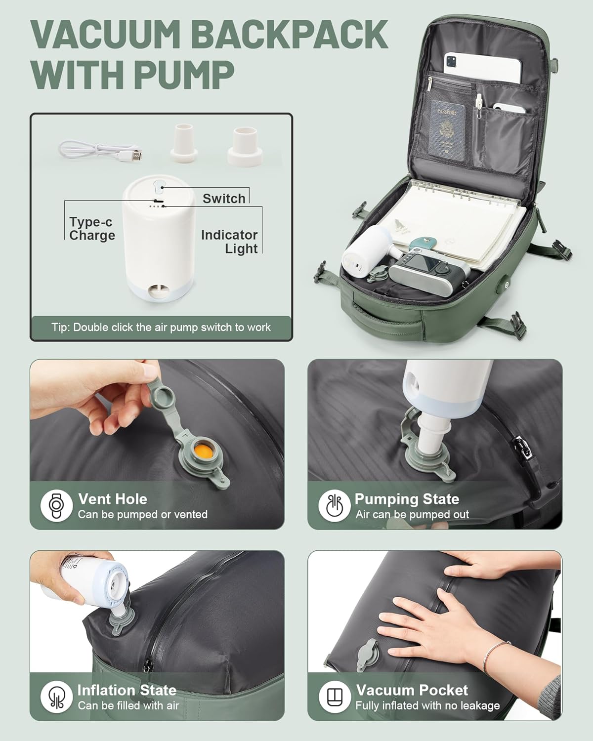 Vacuum Backpack Travel Laptop Backpacks For Women Men Carry On Backpack With Vacuum Compression Bags Seal Packing Personal Item Travel Bag Vacpack Backpacks With Pump Olive Green - Roamly