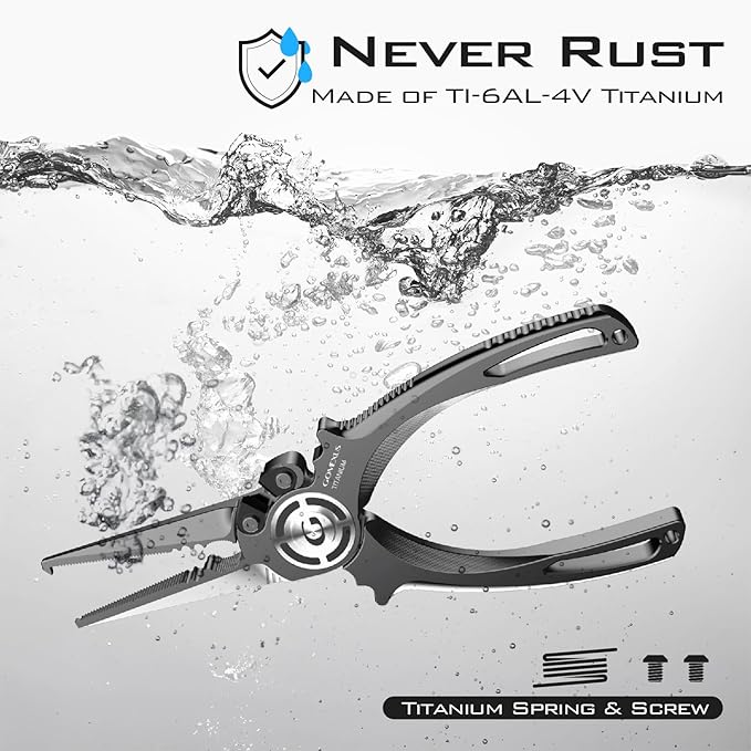 GOMEXUS Titanium Fishing Pliers 7.5'' with Side Cutters, Lanyard & Leather Sheath, Never Rust Hook Remover, Saltwater Resistant, Inshore & Nearshore Fishing (Split Ring Nose, 7.5 INCHES)