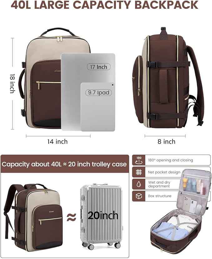 LOVEVOOK 40L Travel Backpack for Women & Men, Airline Approved Carry On Luggage with 3 Packing Cubes, TSA Overnight Bags, Waterproof Personal Item Bag, Weekender Essentials Backpacks fits 17" Laptop