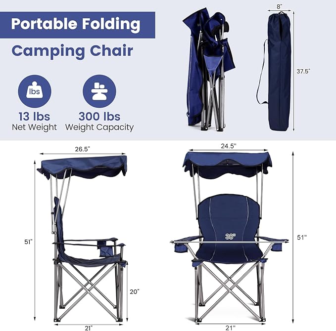 Goplus Camping Chair with Canopy Shade, Folding Lawn Chair with Umbrella Cup Holder & Carry Bag, Portable Sunshade Chair for Adults for Beach Outdoor Travel Hiking Fishing (Blue)