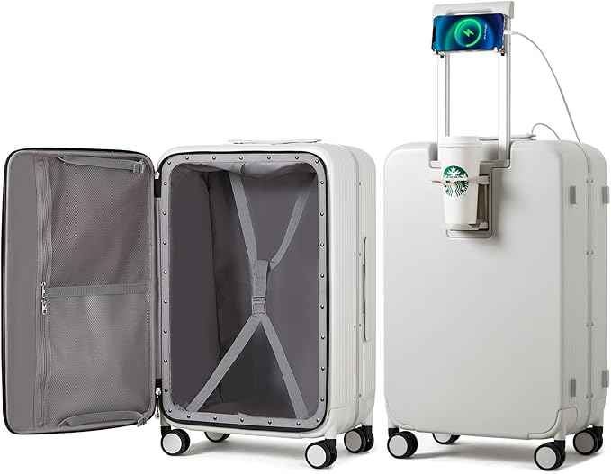 mixi Checked Luggage with Cup Phone Holder and Charger Hard Shell Suitcases with Spinner Wheels, 24 Inch Smoke White