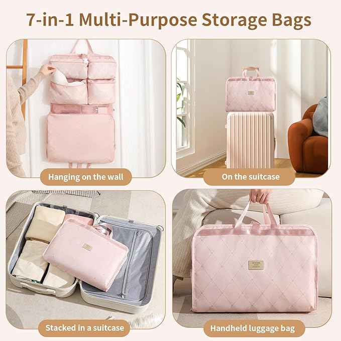 7-in-1 Travel Storage Bag, Foldable Hanging Packing Cube with Compartments for Clothes, Beige