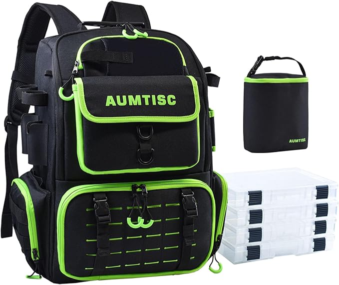 AUMTISC Fishing Tackle Backpack, Fishing Backpacks with 2 Rod Holders, Waterproof Bag Backpack with 4 Tackle Boxes, Rain Cover & Small Insulated Bag, Large Fishing Backpacks for Fish Gear & Equipment