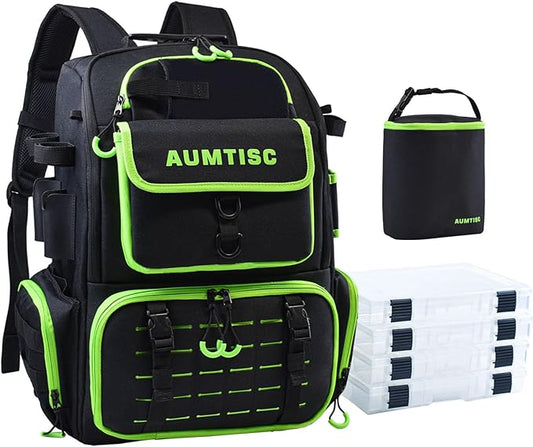AUMTISC Fishing Tackle Backpack, Fishing Backpacks with 2 Rod Holders, Waterproof Bag Backpack with 4 Tackle Boxes, Rain Cover & Small Insulated Bag, Large Fishing Backpacks for Fish Gear & Equipment