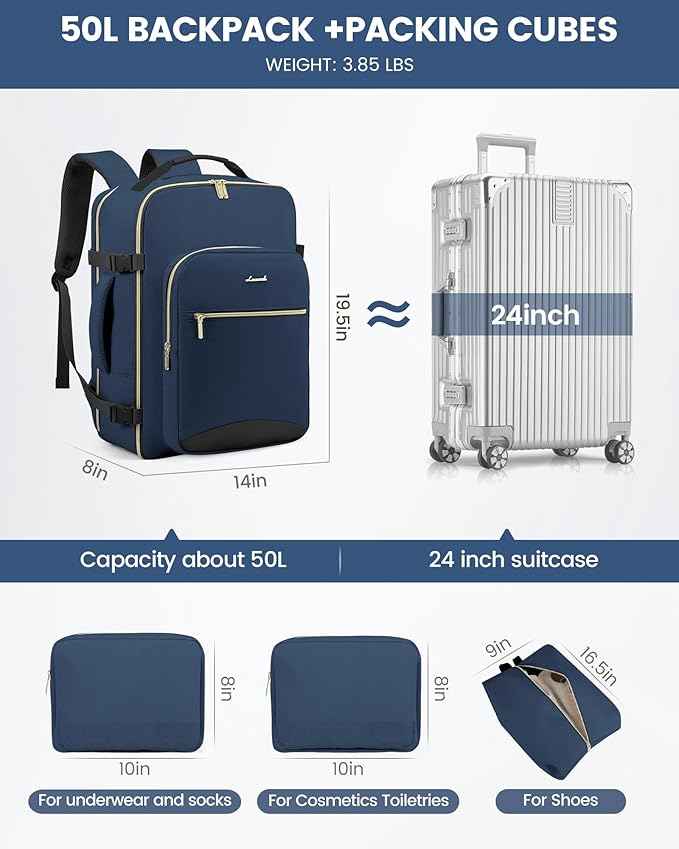 LOVEVOOK Travel Backpack for Women & Men 50L,Airline Approved Carry On Backpack Travel Essentials,TSA Carry on Luggage,Waterproof Personal Item Travel Bag,Suitcase with 3 Packing Cube,Blue green-Black