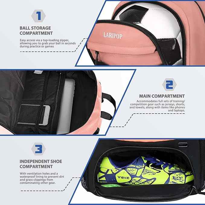 LARIPOP Soccer Backpack Soccer Bag with Ball Holder & Shoe Compartment Youth Sports Equipment Training Bag