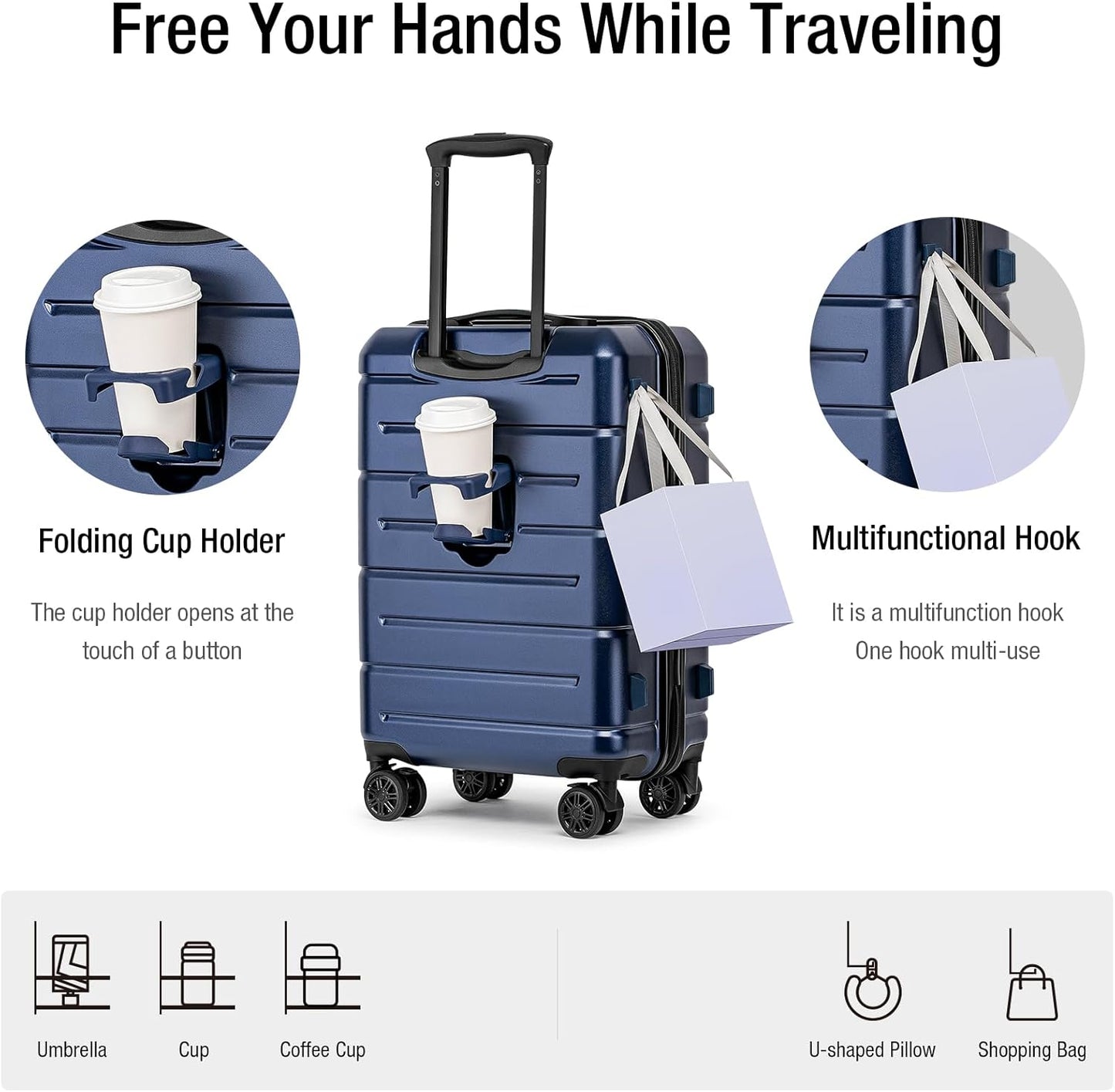 KYME Carry On Luggage 22x14x9 Airline Approved with Cup Holder Hardside Carry On Suitcase with Spinner Wheels TSA Lock Hardshell 22 inch Travel Rolling Luggage for Women Men Navy
