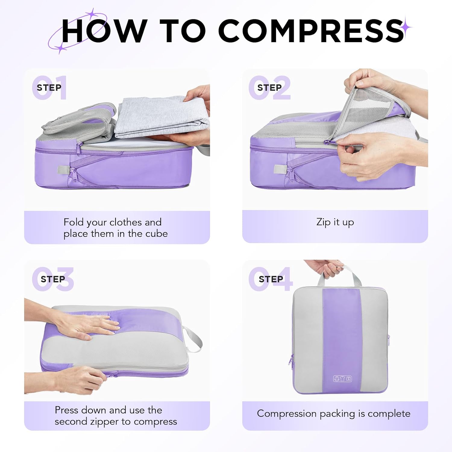 10 Set Compression Packing Cubes for Travel Essentials,Compressible Expandable Packing Cubes for Suitcase,OlarHike Luggage Organizer Bags for Travel,Handy Helper for Organizing Clothes(Light Purple) - Roamly