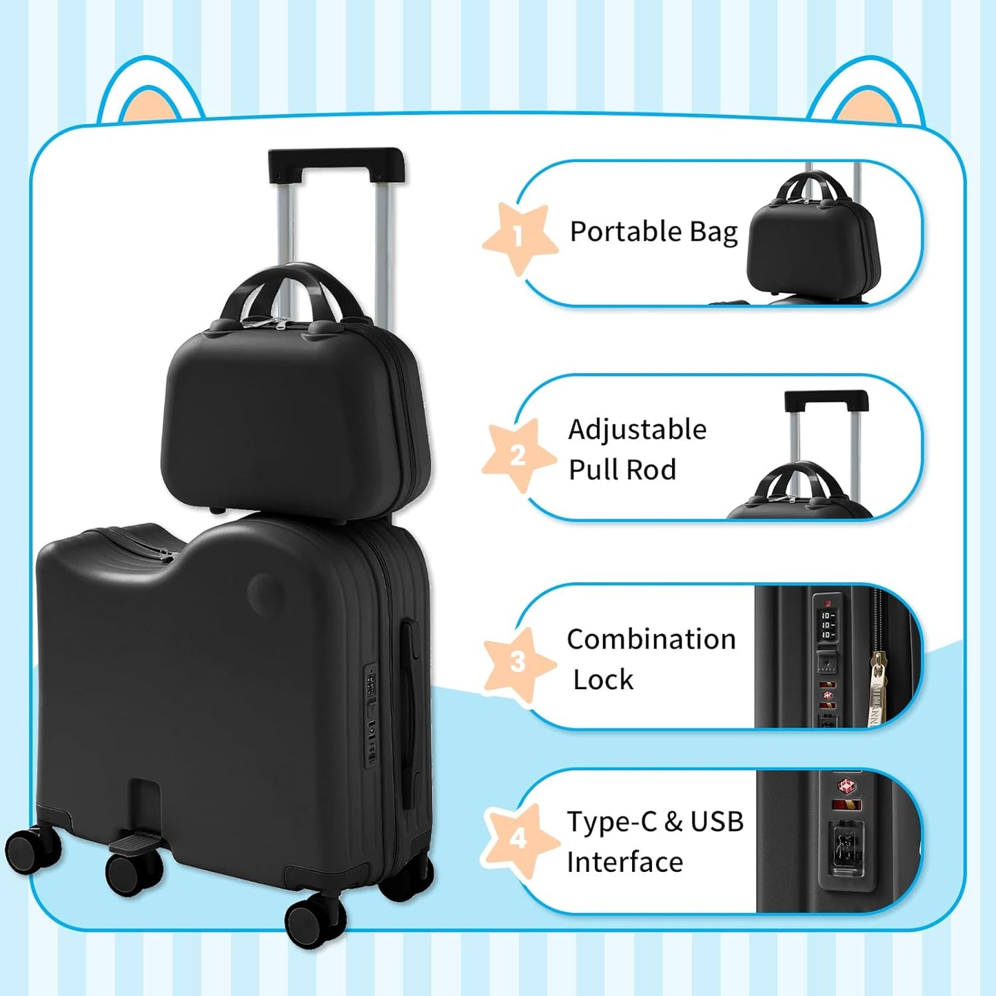 TABU Ride-on Luggage with Handbag for Kids，Hardshell Carry On Suitcase with Hidden Cup Holder, Foldable Pedal,Type-C & USB Interface, TSA Lock, 6-Spinner Wheels, Black