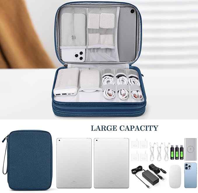 FYY Electronic Organizer, Extra Large Travel Cable Organizer Bag Pouch Portable Waterproof Double Layers All-in-One Storage Bag for iPad, Cable, Power Bank, Laptop Charger for Office/Home, Navy