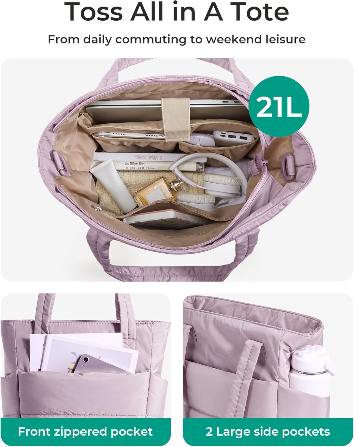 BAGSMART Tote Bag for Women, Lightweight Puffy Tote Bag with Compartments Shoulder Bag Handbag for Travel, Work, Gym,