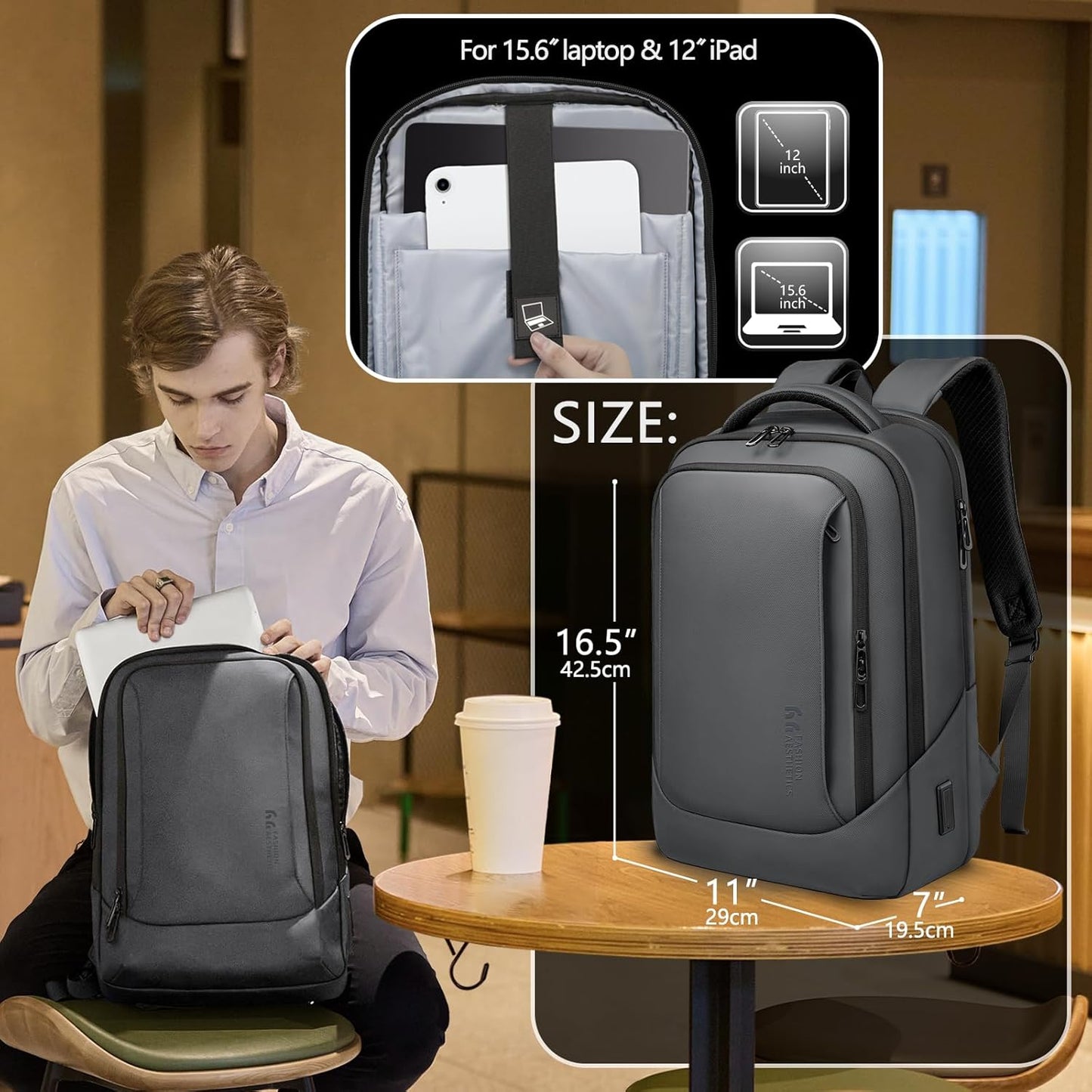 hk Laptop Backpack for Men with USB Charging Port Water-Resistant for 15.6 Inch Computer Bag Durable High-Tech Daypack Casual Backpack for Business Work College Weekender Travel- Dark Grey