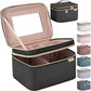 Large Makeup Bag with Mirror Double Layer Travel Make Up Organizer Case, Large Capacity Coemetic Bag with Brush Slot Divider