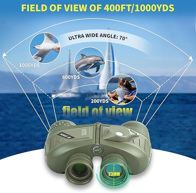 10X50 Waterproof Fogproof Military Marine Binoculars w/Internal Rangefinder & Compass, Marine Binoculars for Adults with BAK4 Prism FMC Lens for Navigation Bird Watching Hunting