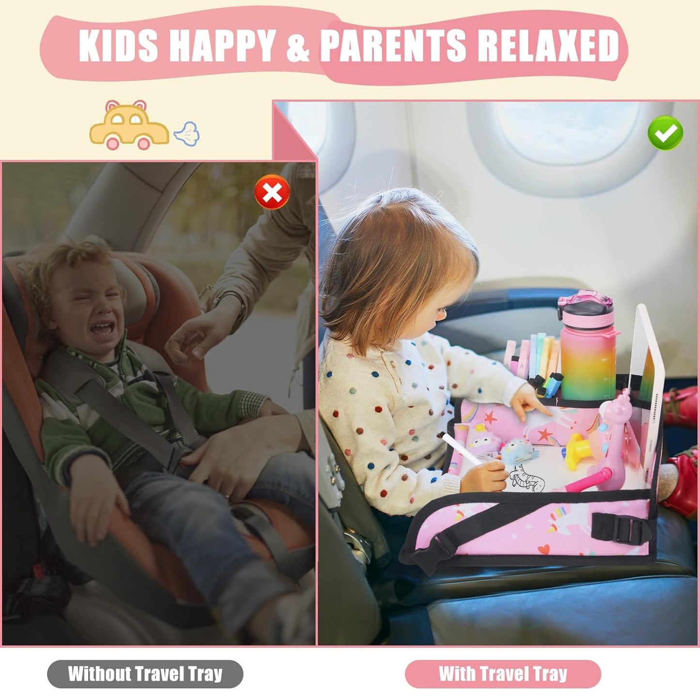 Upgraded Kids Travel Tray for Car Seat - Travel Tray for Airplane, Table Tray for Kids Travel Essentials, Toddler Lap Tray, Carseat Lap Desk for Kids Road Trip Activities, Pink Unicorn - 2 PCS