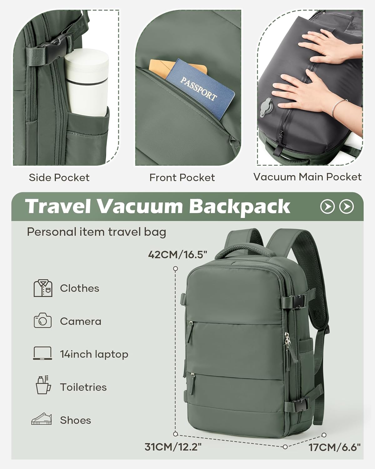 Vacuum Backpack Travel Laptop Backpacks For Women Men Carry On Backpack With Vacuum Compression Bags Seal Packing Personal Item Travel Bag Vacpack Backpacks With Pump Olive Green - Roamly