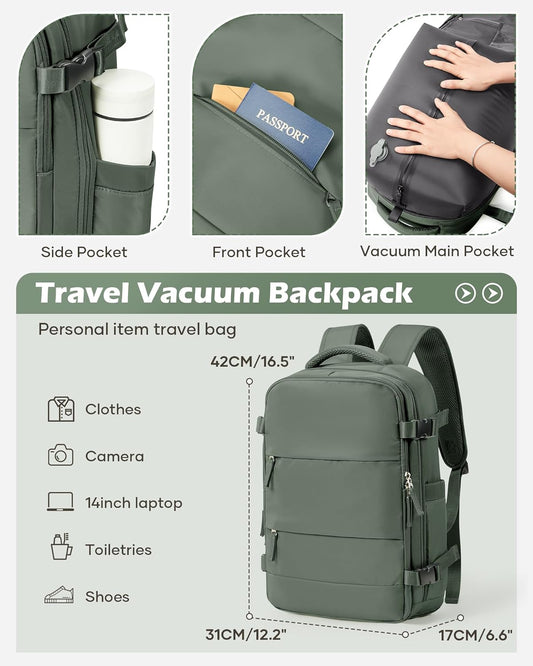 Vacuum Backpack Travel Laptop Backpacks For Women Men Carry On Backpack With Vacuum Compression Bags Seal Packing Personal Item Travel Bag Vacpack Backpacks Without Pump Olive Green - Roamly