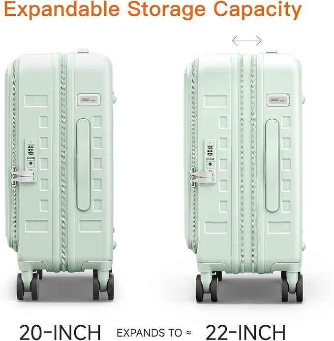 Expandable Lightweight PC Hard Shell Suitcase, 20-inch Carry On Luggage with TSA Lock, 360 Silent Spinner Wheels, Top Opening & Cup Holder - Ideal for Business Travel Suitcase (Mint Green)